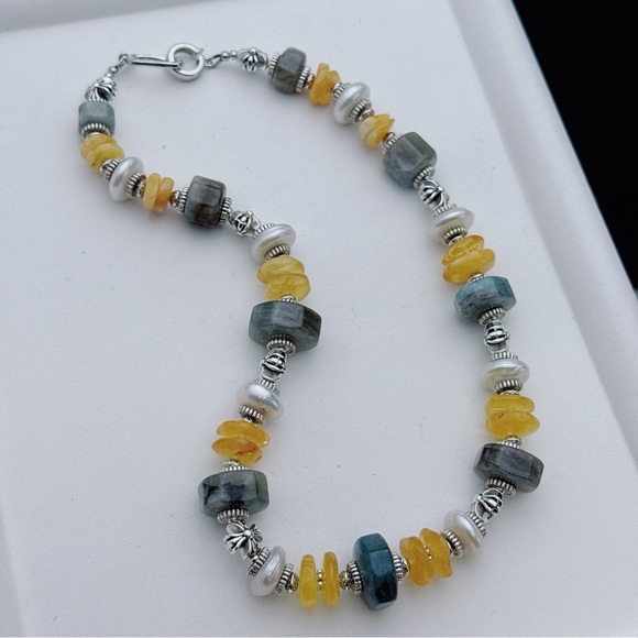 X798 Handmade Coin Shape Freshwater Baroque Pearl Agate Amber Necklace - Picture 7 of 11